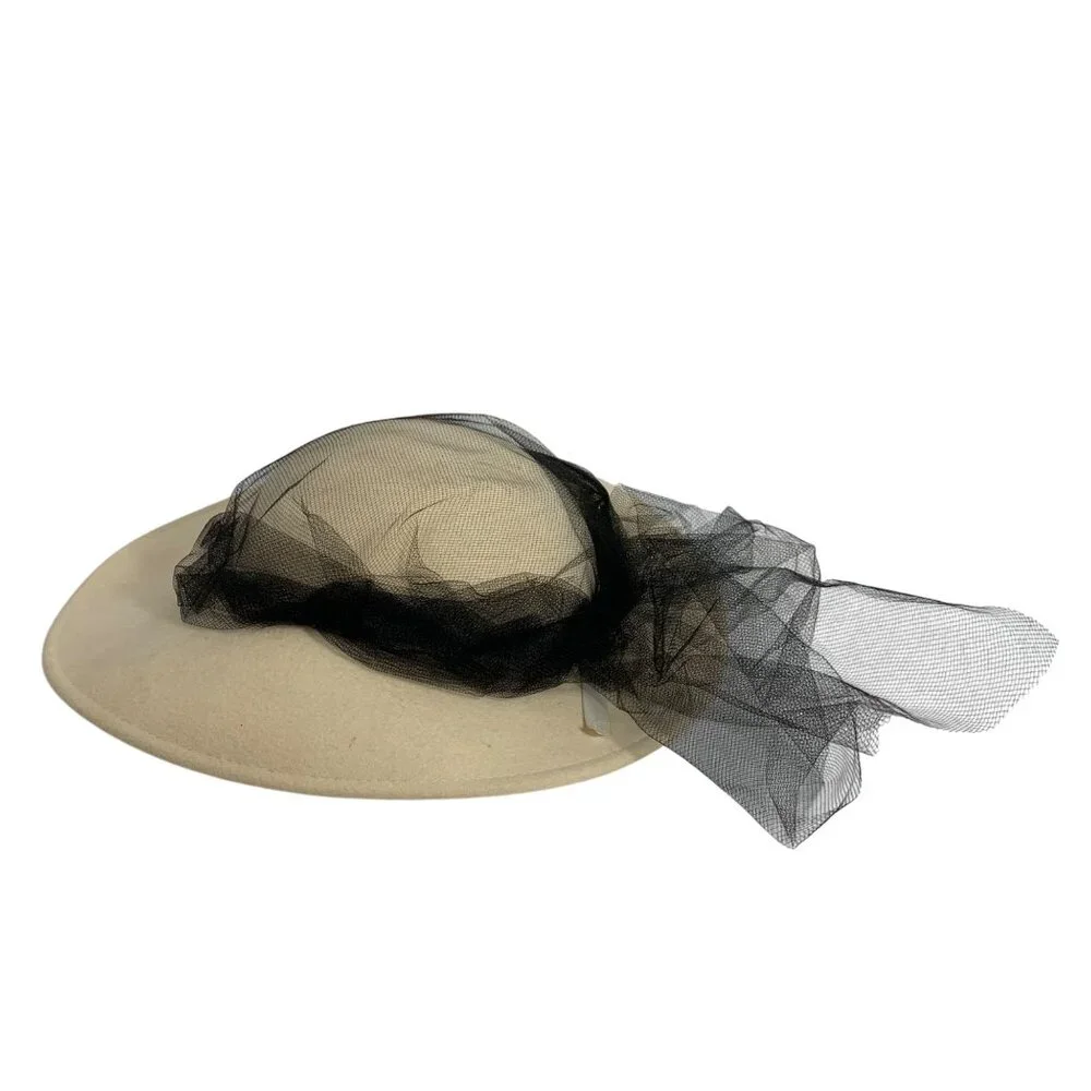 VTG Bollman Off-White Doeskin Felt Wool Hat Black Net Veil Wide Brim Made In USA
